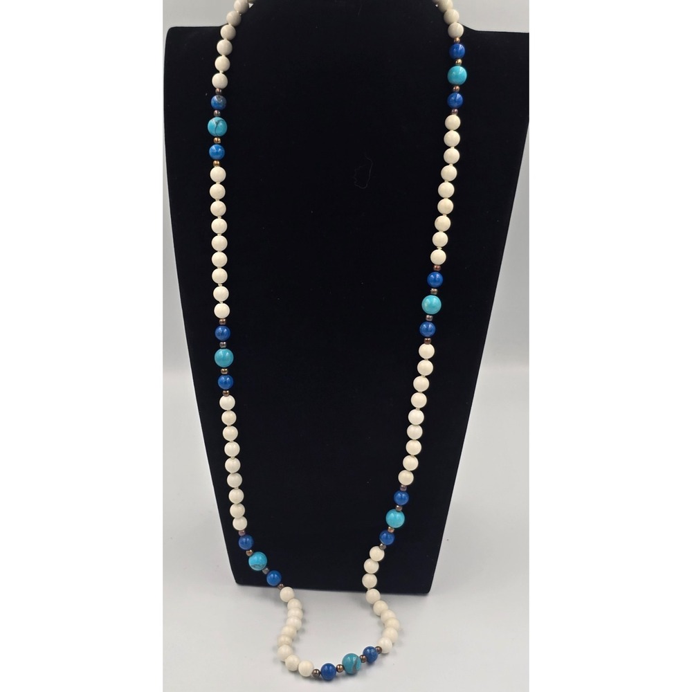 Vintage Beaded Necklace Turquoise Lapis Lazuli Natural White Hetian Nephrite - Picture 1 of 12